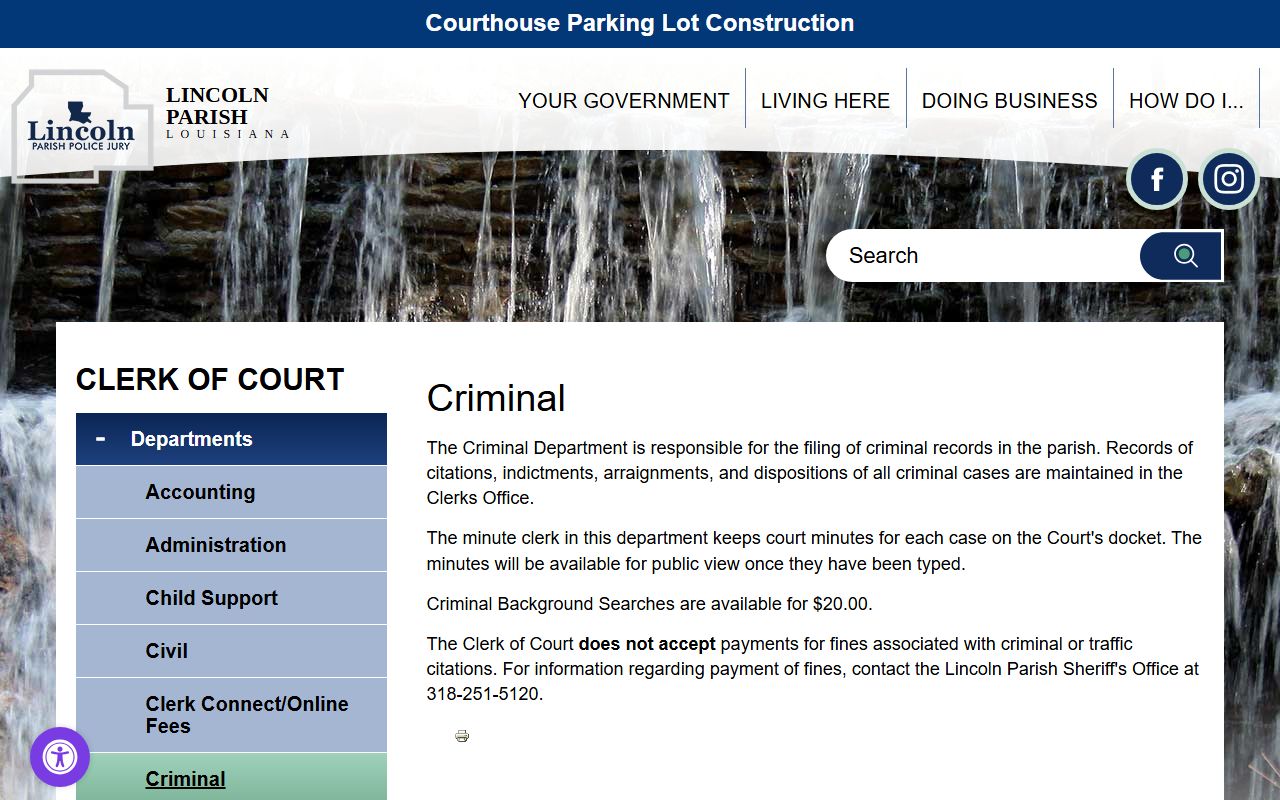 Lincoln Parish criminal court records Clerk criminal department page