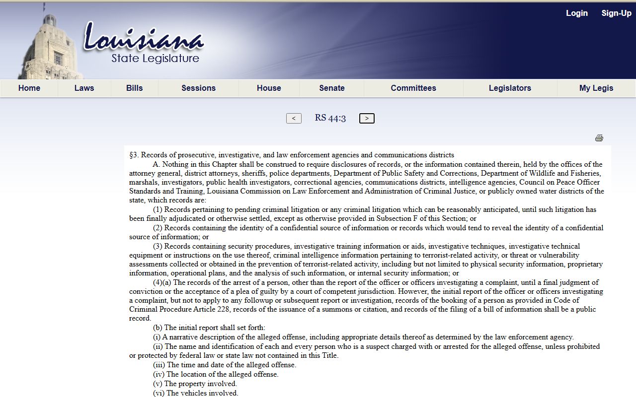 Lincoln Parish criminal court records law-enforcement and prosecutive records statute