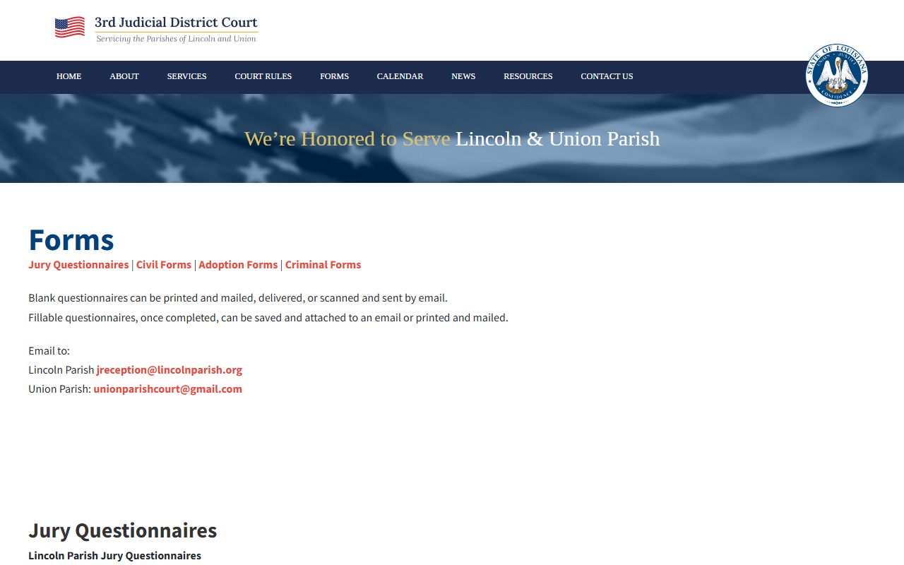 Lincoln Parish district court forms page for jury civil adoption and criminal forms
