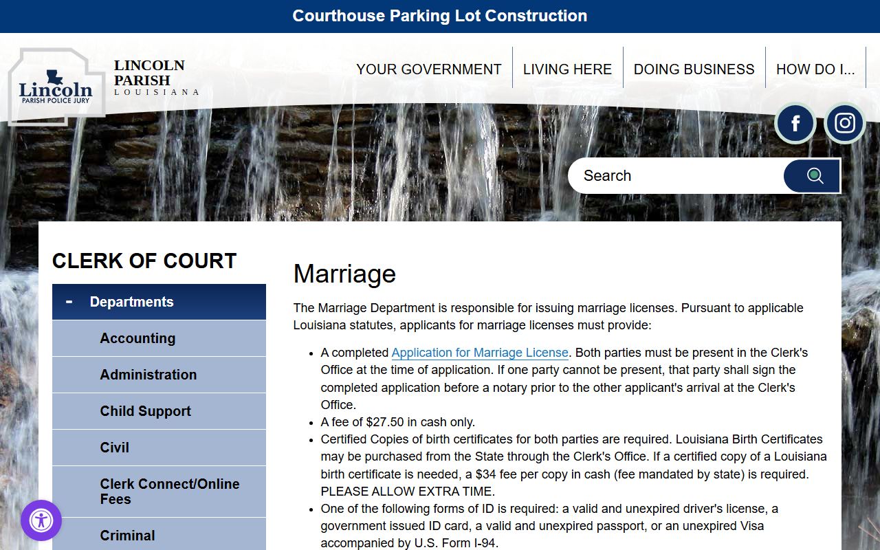 Lincoln Parish County marriage and divorce records Clerk marriage department page