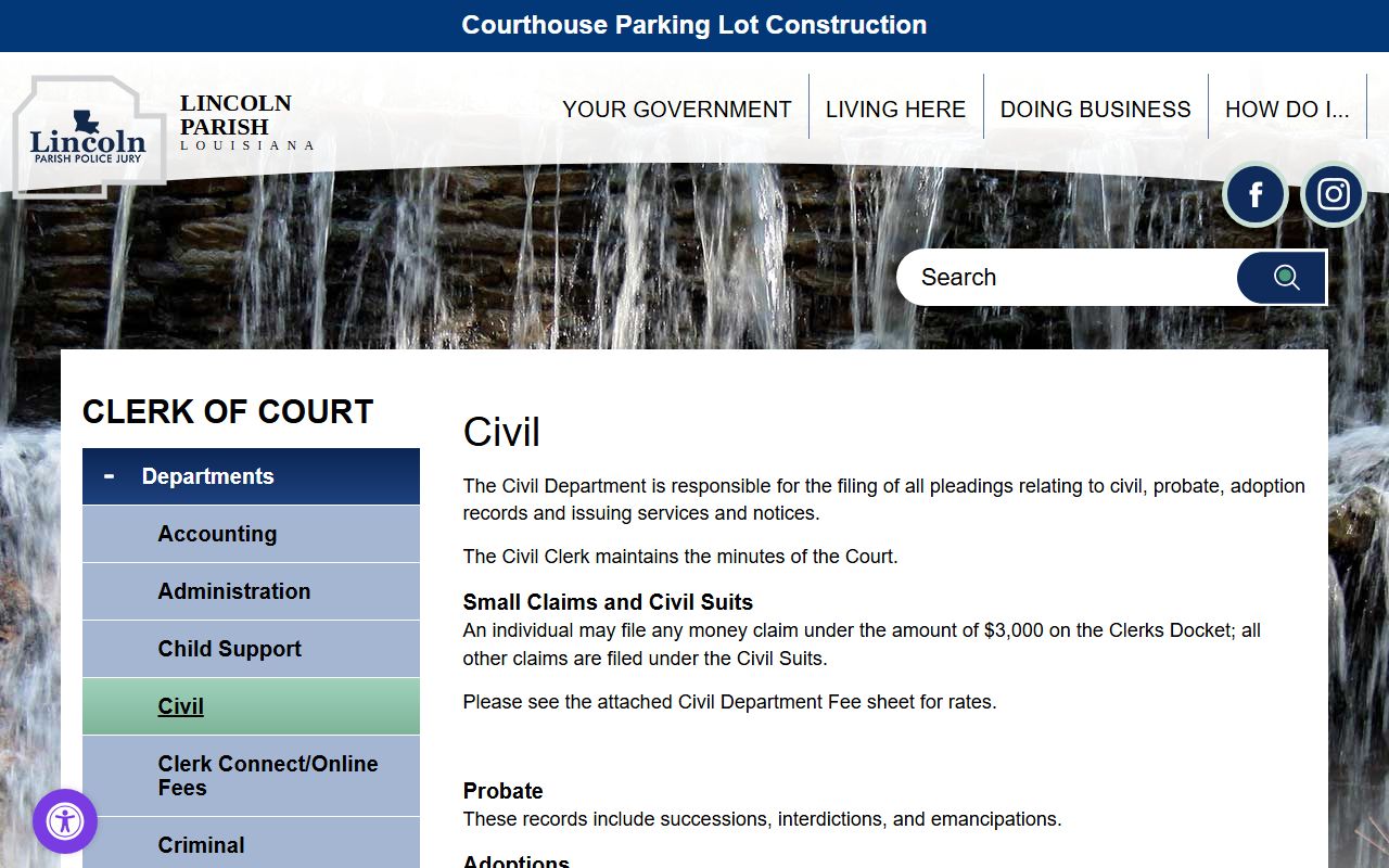 Lincoln Parish County probate records Clerk civil and probate department page