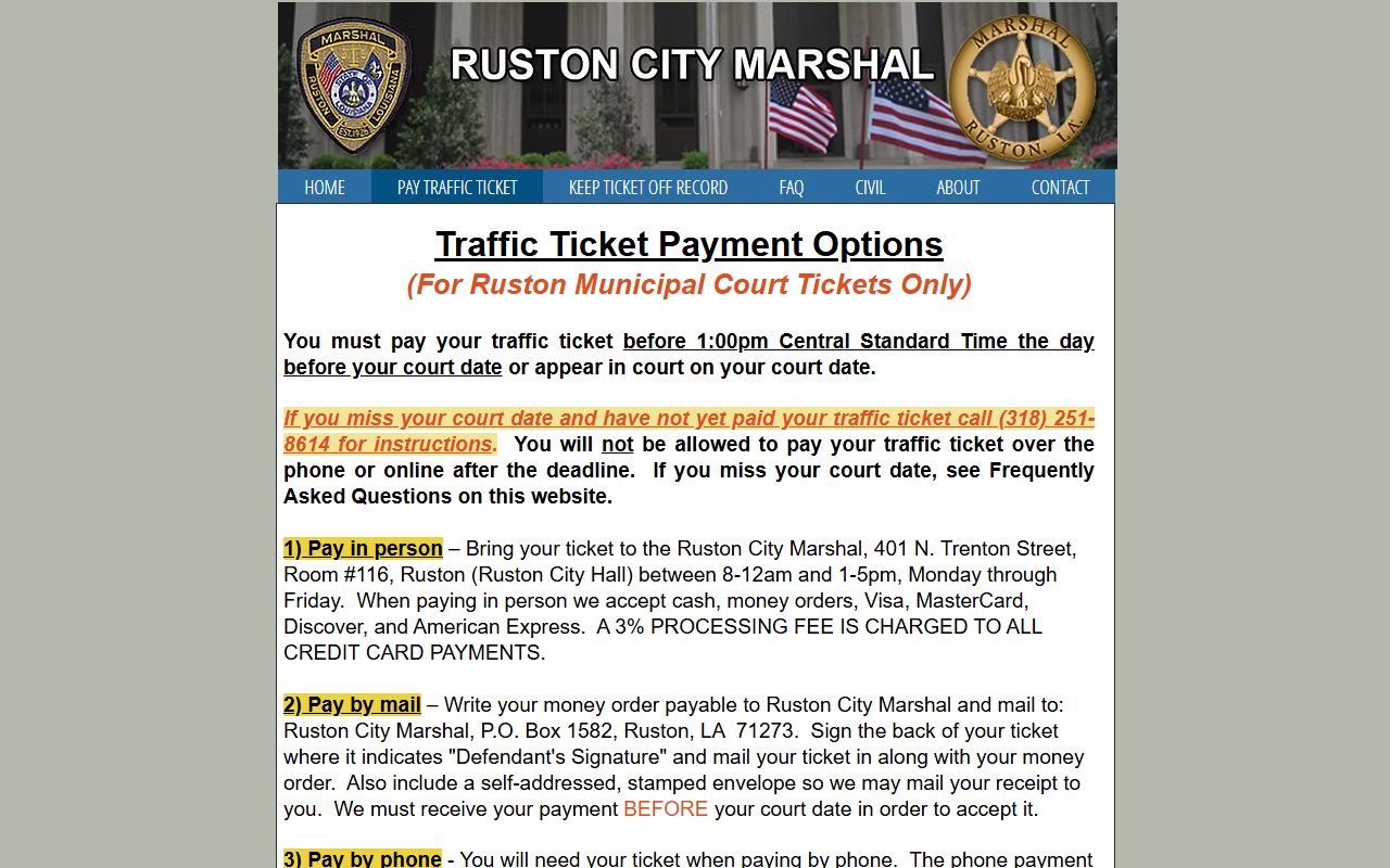 Lincoln Parish County traffic court records Ruston City Marshal payment page