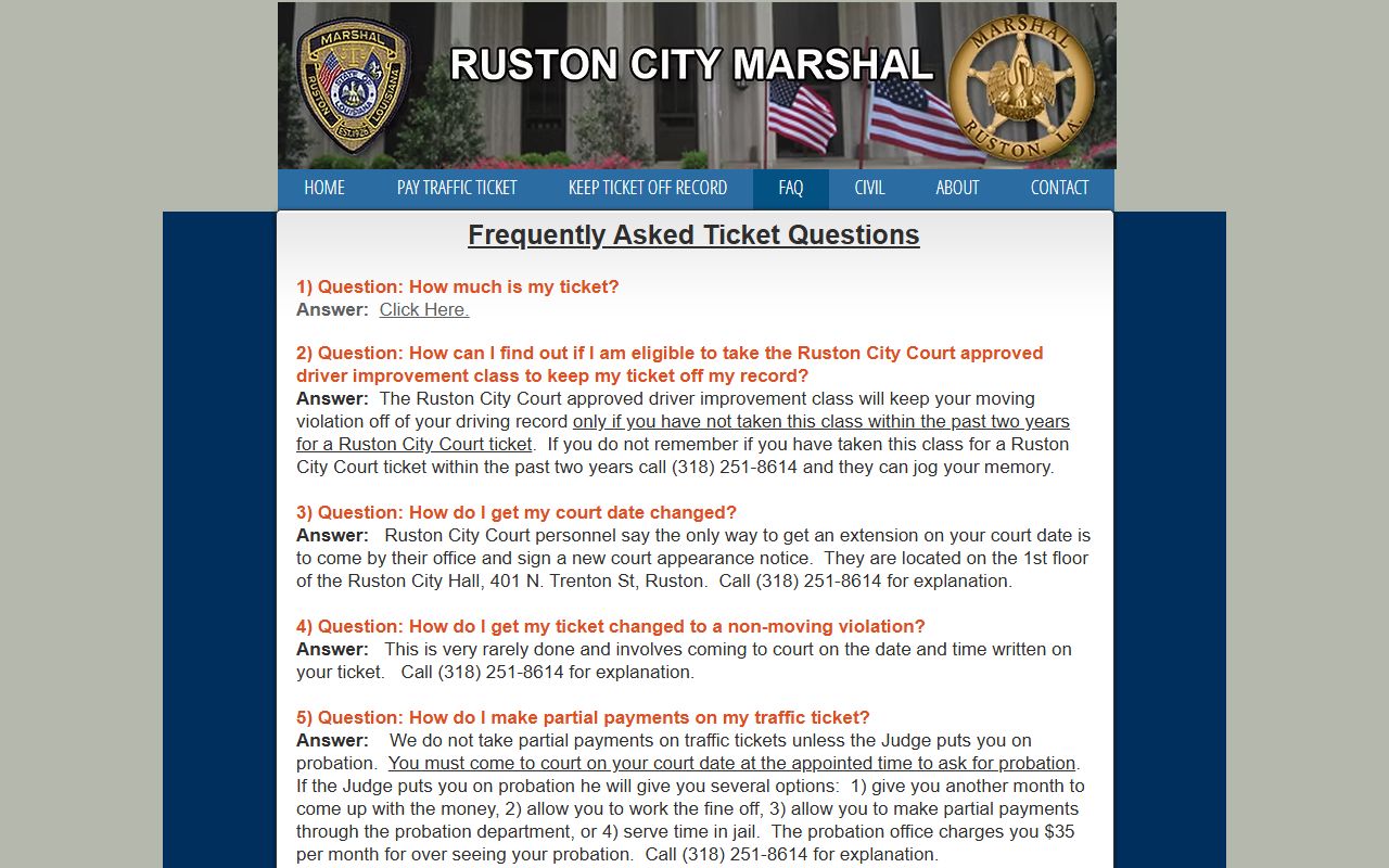 Lincoln Parish County traffic court records Ruston City Marshal FAQ